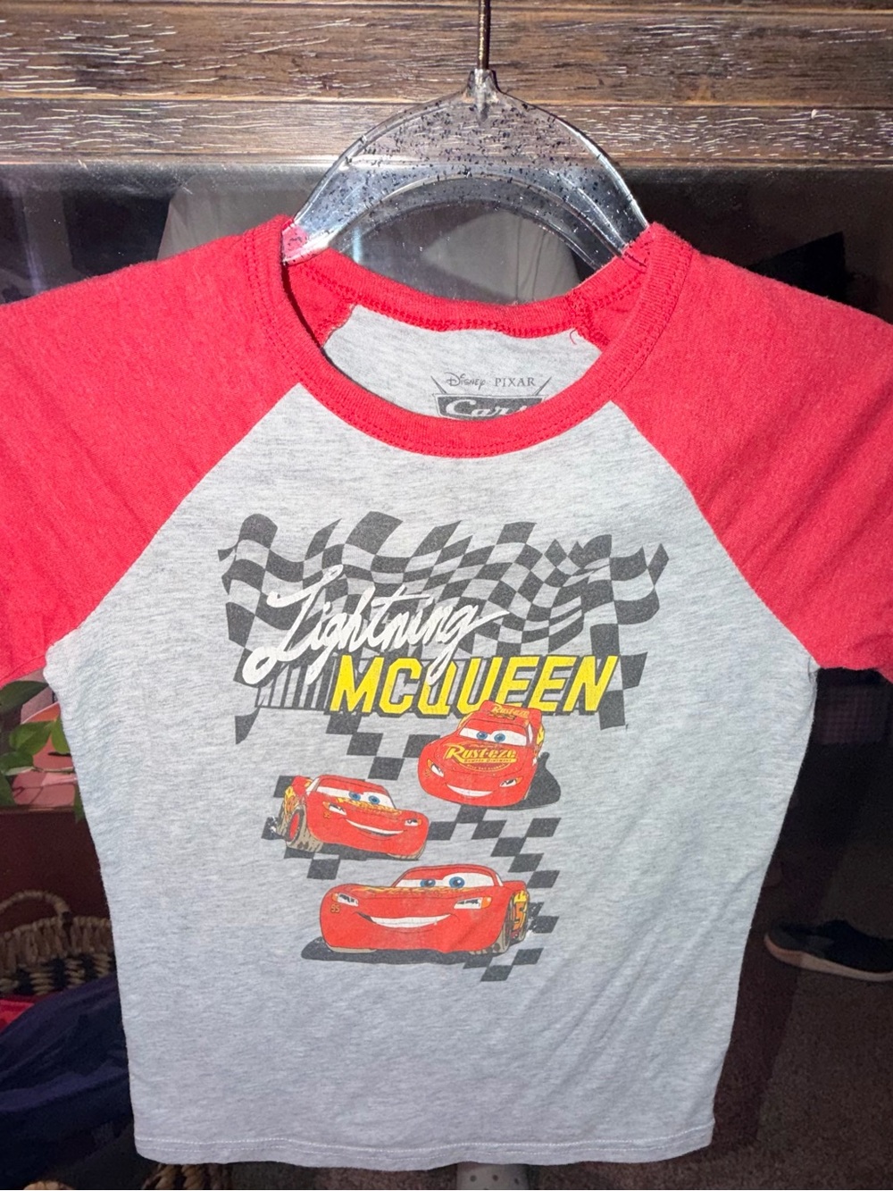 Disney Pixar Cars Lightning McQueen Gray Red Raglan Short Sleeve T-Shirt 7